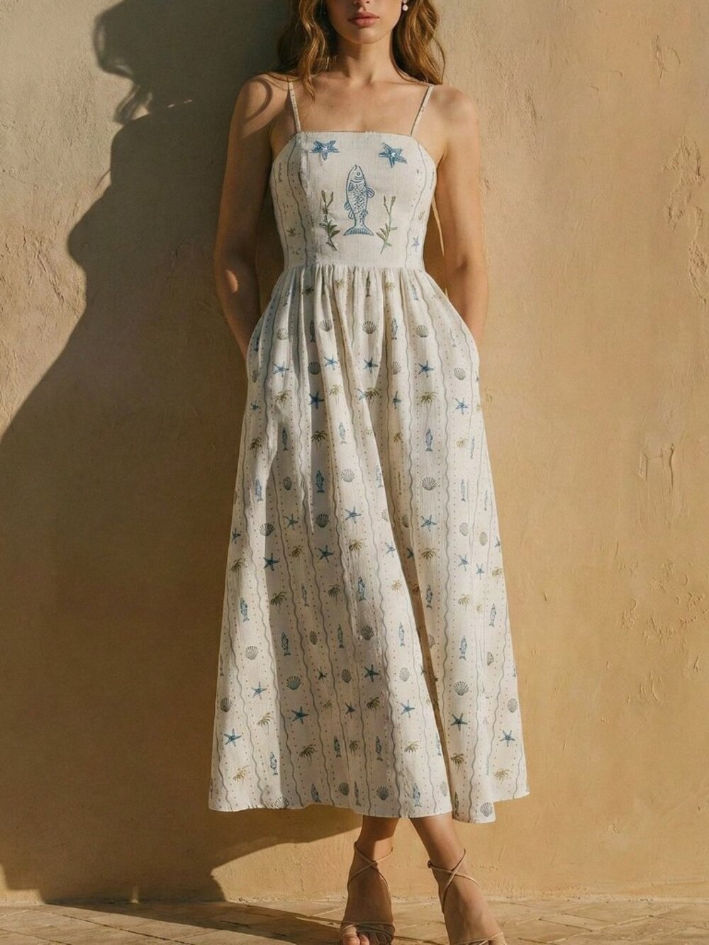 Ivory Coastal Nautical Print Beaded Fish Starfish Embroidered Maxi Sundress